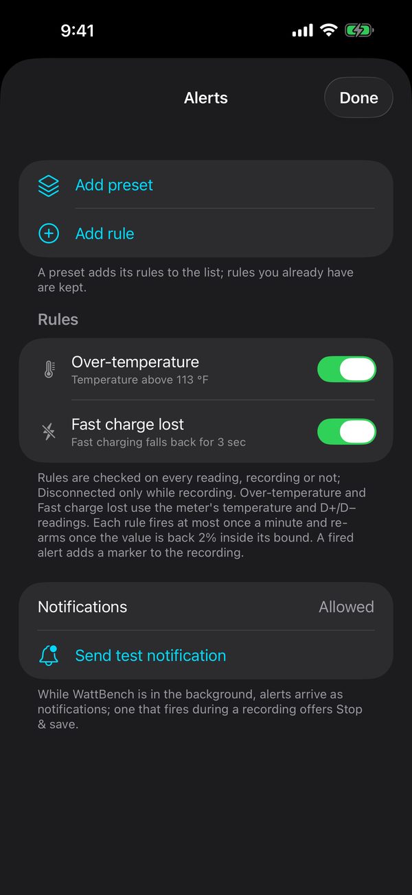 Rules with temperature and fast-charge alerts